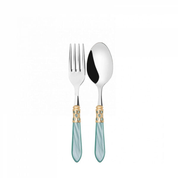 Bugatti Serving Fork & Spoon Set 18/10 Gold Aqua Green Handle